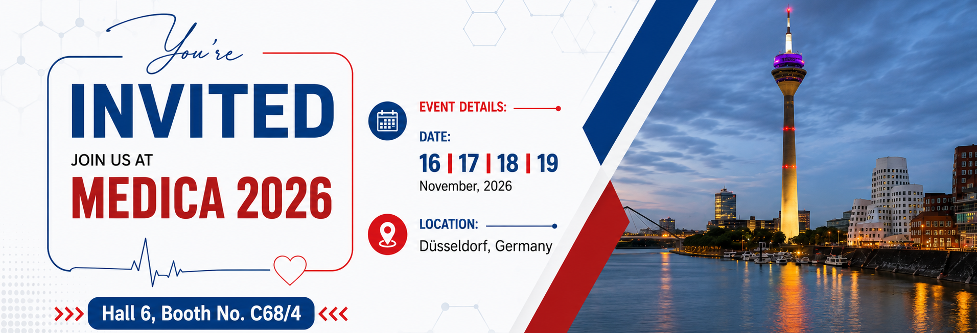 Invitation banner for MEDICA 2026 with dates 16–19 November 2026 and location Düsseldorf, Germany; blue-red event graphics on the left, cityscape on the right.