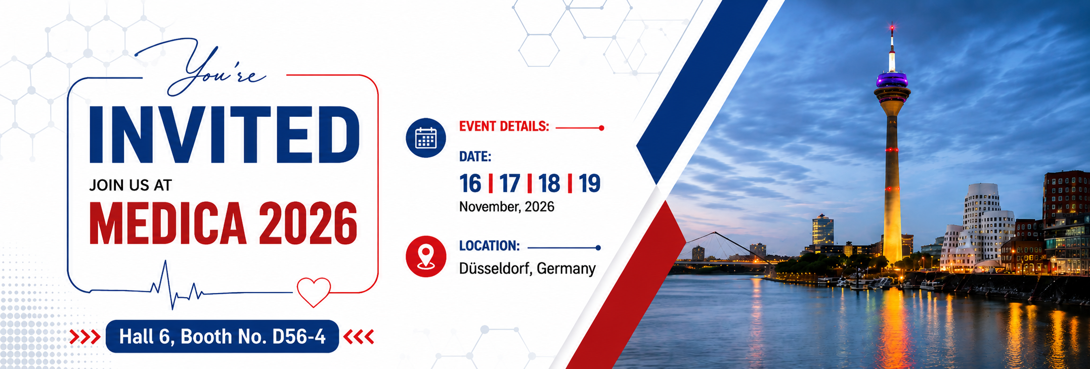 Invitation banner for MEDICA 2026 with dates 16–19 November and location Düsseldorf, Germany; Hall 6, Booth D56-4, city skyline.
