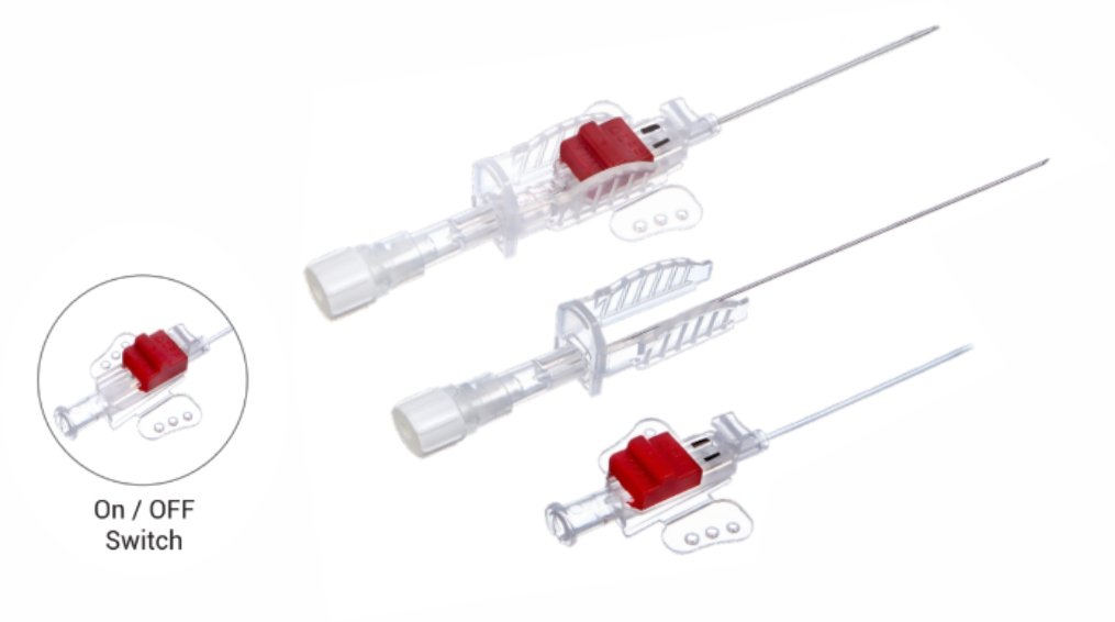 Transparent needle-like medical devices with red on/off switch and long metal tips arranged diagonally on a white background. Left inset shows a close-up of the On/Off switch labeled On / OFF.