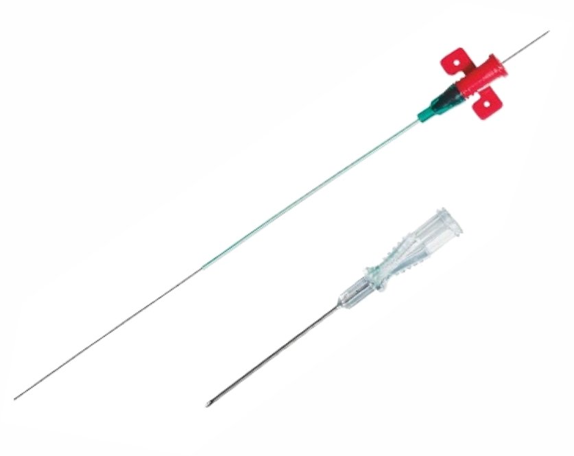Two medical needle/IV cannula components: a long stainless needle with red safety cap and a separate clear-hub needle set.