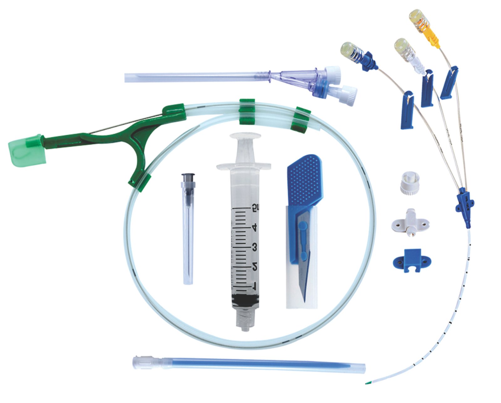 Sterile medical tools including syringes, IV tubing, and connectors laid out on a white background.
