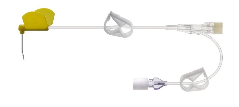 Anesthesia breathing circuit with yellow inlet component, clear tubing, and mask adapters on a white background.