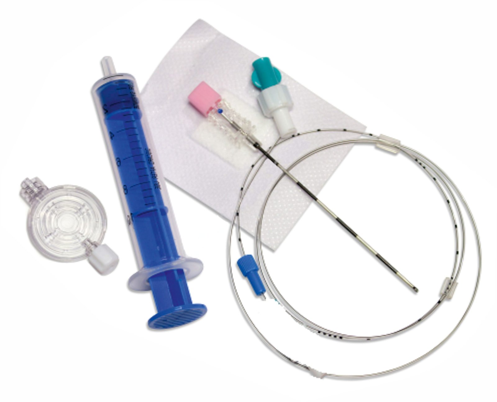 Blue syringe with graduated markings and needle, accompanied by IV tubing and connectors on a white absorbent pad.