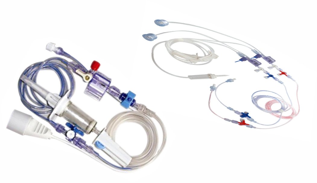 Two intravenous (IV) infusion sets with clear tubing, plastic connectors, and roller clamps arranged on a white background for medical use.