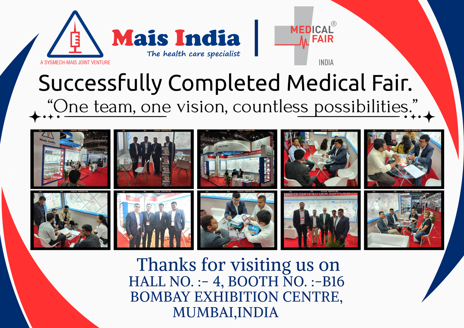 Banner announcing Successfully Completed Medical Fair with Mais India logo and a grid of event photos in a booth setting Mumbai