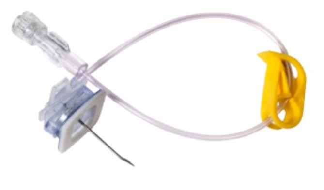 IV catheter with flexible tubing and yellow safety cap at the end, used for venous access