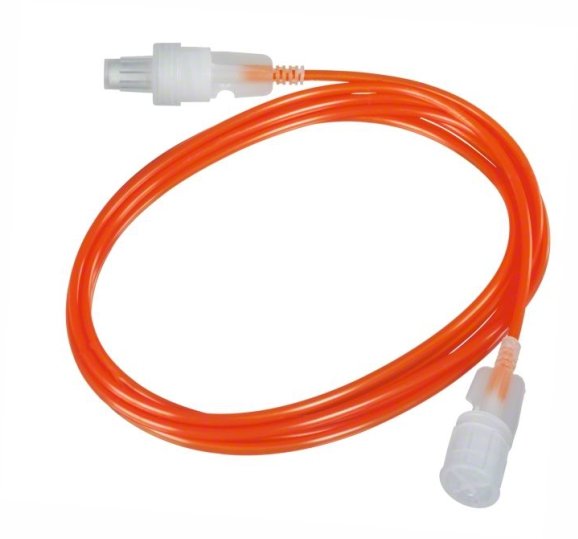 Orange two-pin power extension cable with white plastic connectors on both ends.